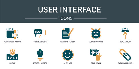 set of 10 outline web user interface icons such as pointing up arrow, curve arrows, exit full screen arrows, curved arrows, redo arrow, bridge, refresh button vector icons for report, presentation,
