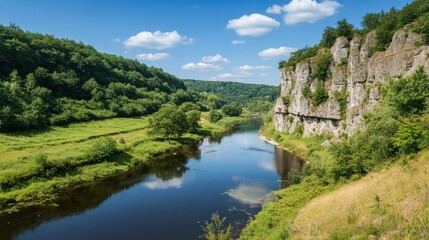 Fototapeta premium Scenic River Landscape with Cliffs and Green Forest on a Sunny Day