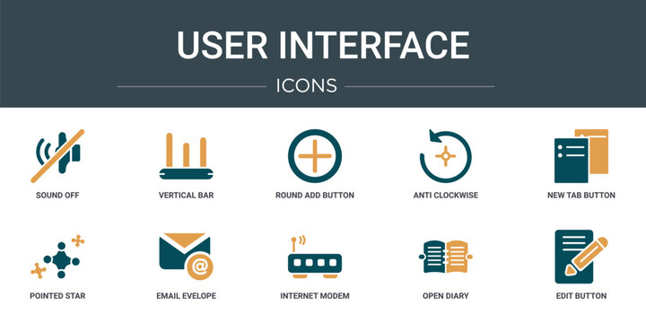 set of 10 outline web user interface icons such as sound off, vertical bar, round add button, anti clockwise, new tab button, pointed star, email evelope vector icons for report, presentation,