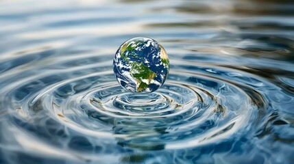 An Earth shaped droplet gracefully floating above the crystal clear rippling water serving as a powerful symbol for environmental sustainability conservation