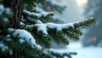Trunk of pine tree with snow covered branches, evergreen, branch