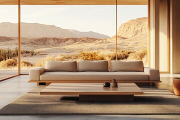 Desert landscape view from minimalist living room with beige sofa and wooden coffee table.