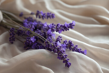 Fototapeta premium A delicate arrangement of fresh lavender flowers resting on a soft, textured linen cloth 