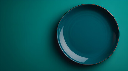 Round blue dinner plate. On a dark green-turquoise background. Free space for text.