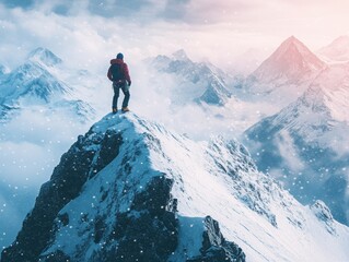 Adventurer standing atop a snowy mountain peak.