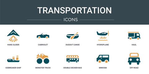 Obraz premium set of 10 outline web transportation icons such as hang glider, cabriolet, dugout canoe, hydroplane, haul, icebreaker ship, monster truck vector icons for report, presentation, diagram, web design,