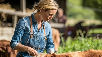 Blond woman in denim shirt and overalls inspects cattle on a farm blending traditional farming methods with digital technology and innovation to create a sustainable