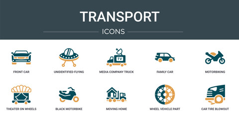 set of 10 outline web transport icons such as front car, unidentified flying, media company truck with satellite, family car, motorbiking, theater on wheels, black motorbike vector icons for report,