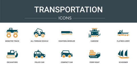set of 10 outline web transportation icons such as monster truck, all terrain vehicle, eighteen-wheeler, caboose, flatbed lorry, excavators, police car vector icons for report, presentation,