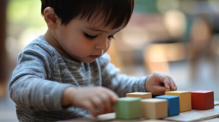 Child sorting colorful blocks by shape and color during playtime