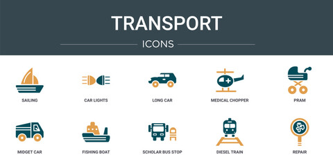 set of 10 outline web transport icons such as sailing, car lights, long car, medical chopper transport, pram, midget car, fishing boat vector icons for report, presentation, diagram, web design,
