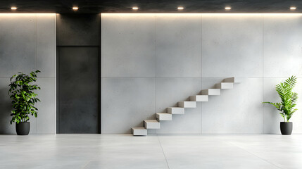 Fototapeta premium Minimalist concrete staircase floating on a grey wall in a modern spacious interior with green potted plants.