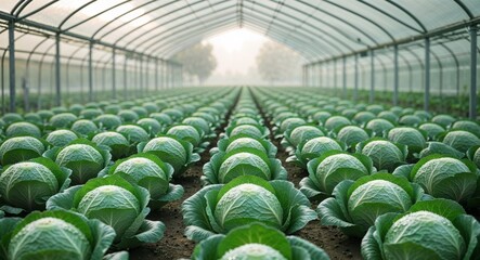 Fototapeta premium Agricultural greenhouse with rows of green cabbages.
