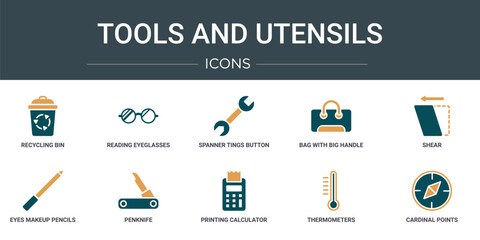 set of 10 outline web tools and utensils icons such as recycling bin, reading eyeglasses, spanner tings button, bag with big handle, shear, eyes makeup pencils, penknife vector icons for report,