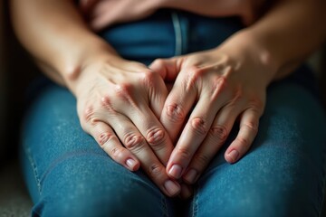 Fototapeta premium Wrinkled hands rest gently on a lap, delicate veins visible , repose, elderly, experience