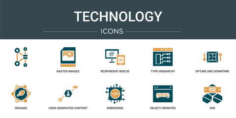 set of 10 outline web technology icons such as  , raster images, responsive web de, type hierarchy, uptime and downtime, organic, user-generated content vector icons for report, presentation,
