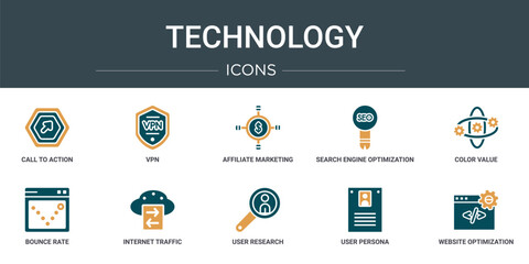 set of 10 outline web technology icons such as call to action, vpn, affiliate marketing, search engine optimization, color value, bounce rate, internet traffic vector icons for report, presentation,