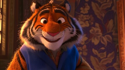 Closeup of a cheerful smiling cartoon tiger character dressed as a friendly and welcoming doctor or medical professional with a focus on the expressive and detailed character design