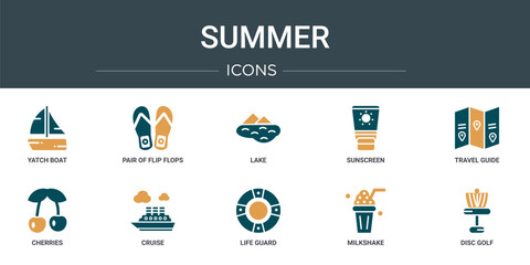 set of 10 outline web summer icons such as yatch boat, pair of flip flops, lake, sunscreen, travel guide, cherries, cruise vector icons for report, presentation, diagram, web design, mobile app