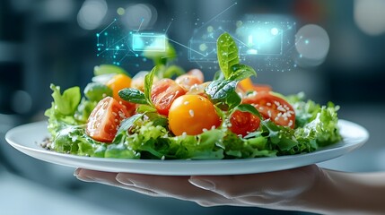 Conceptual image of a futuristic gym meal featuring an augmented reality salad infused with glowing nutrient data streams and an AI powered dumbbell hovering above the plate