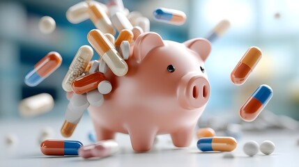 Conceptual financial healthcare burden with piggy bank and various medical pills