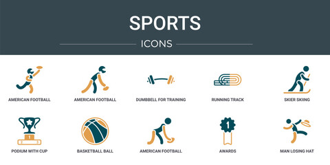 set of 10 outline web sports icons such as american football player running with the ball, american football player picking the ball, dumbbell for training, running track, skier skiing, podium with