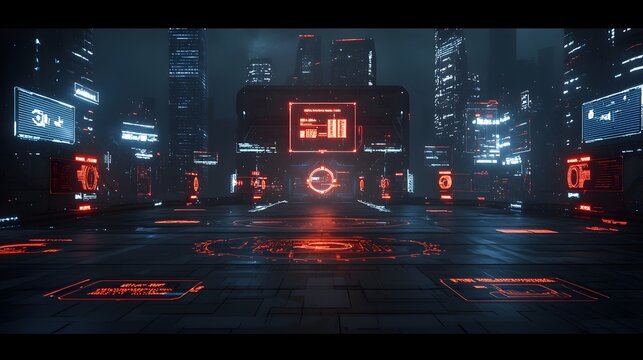 Conceptual image of a futuristic metaverse interface where users navigate through an advanced digital world using neural connections featuring floating holograms