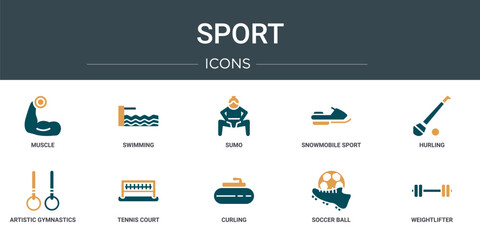 set of 10 outline web sport icons such as muscle, swimming, sumo, snowmobile sport, hurling, artistic gymnastics, tennis court vector icons for report, presentation, diagram, web design, mobile app