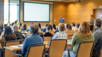 Obraz premium group of people attentively listen to presentation in modern conference room. setting is professional, with attendees seated at tables facing large screen. atmosphere is focused and engaged