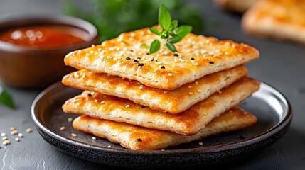 Crispy golden hued sesame crackers stacked in a visually appealing arrangement on a vibrant plate showcasing their flaky layered texture in a warm natural lit rustic bakery setting