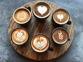 Artistic coffee cups with latte designs.