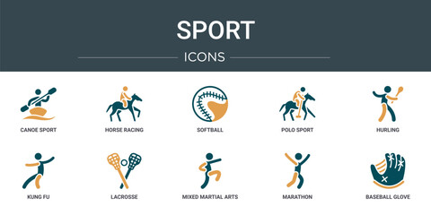 set of 10 outline web sport icons such as canoe sport, horse racing, softball, polo sport, hurling, kung fu, lacrosse vector icons for report, presentation, diagram, web design, mobile app