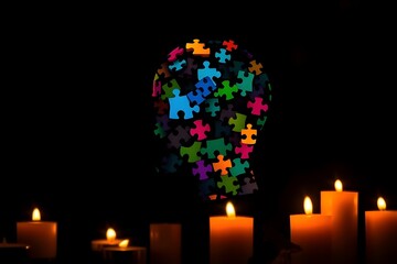 Dark silhouette of puzzle head with candlelight. Symbolic mental health and remembrance concept