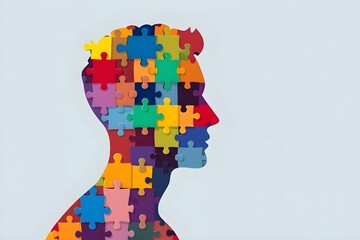 Vector style man head with puzzle blocks isolated on white background. Minimal and clean, ideal for business, mental strategy, innovation, or neurodiversity topics
