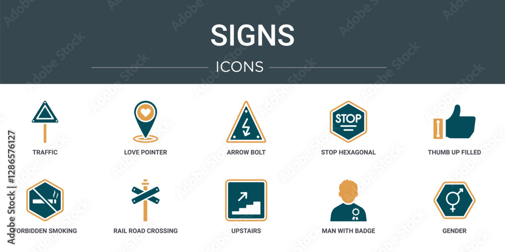 Poster set of 10 outline web signs icons such as traffic, love pointer, arrow bolt, stop hexagonal, thumb u