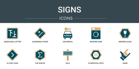 set of 10 outline web signs icons such as japan kanji letter, ascending stairs, car rental, washing hine, broken glass, is less than, the sum of vector icons for report, presentation, diagram, web