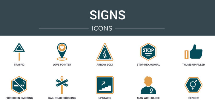 set of 10 outline web signs icons such as traffic, love pointer, arrow bolt, stop hexagonal, thumb up filled gesture, forbidden smoking, rail road crossing cross vector icons for report,