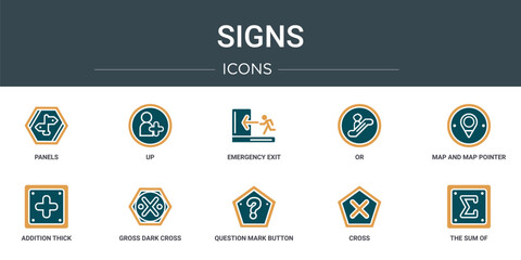 set of 10 outline web signs icons such as panels, up, emergency exit, or, map and map pointer, addition thick, gross dark cross vector icons for report, presentation, diagram, web design, mobile app