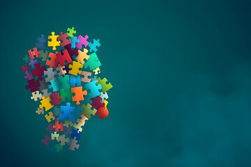 Floating puzzle pieces forming a human head isolated on teal background with copy space. Symbolizing intelligence, brain function, mental health, problem solving