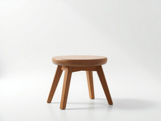 Wooden stool with round seat and triangular legs, wooden, white background