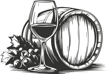 Vintage wine illustration with glass, barrel, and grapes in black and white.