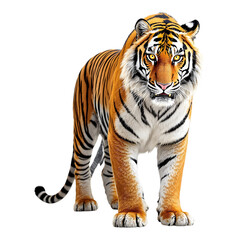 Fototapeta premium Tiger full body portrait with fierce yellow eyes isolated on white background