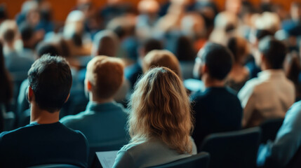 Obraz premium diverse group of people attentively listens to speaker at financial services workshop, fostering community engagement and learning
