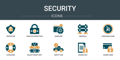 set of 10 outline web security icons such as protector, padlock protection active, unsecure, obstacle, lifeguard chair, lifesaving, bullet proof vest vector icons for report, presentation, diagram,