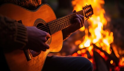 Naklejka premium Hipster Man Serenading Friends By Acoustic Guitar At A Night Campfire In Forest, Chilling By Lake While Camping With Travelers.