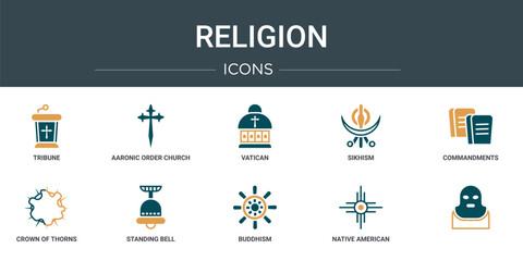 set of 10 outline web religion icons such as tribune, aaronic order church, vatican, sikhism, commandments, crown of thorns, standing bell vector icons for report, presentation, diagram, web design,