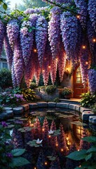 Fototapeta premium Wisteria blooms illuminated by fairy lights and reflected in a small pond , fairy lights, soft light, wisteria