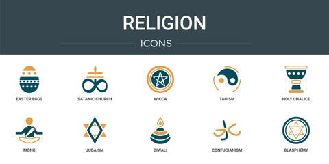 set of 10 outline web religion icons such as easter eggs, satanic church, wicca, taoism, holy chalice, monk, judaism vector icons for report, presentation, diagram, web design, mobile app