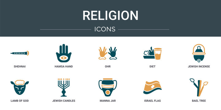 set of 10 outline web religion icons such as shehnai, hamsa hand, ohr, diet, jewish incense, lamb of god, jewish candles vector icons for report, presentation, diagram, web design, mobile app