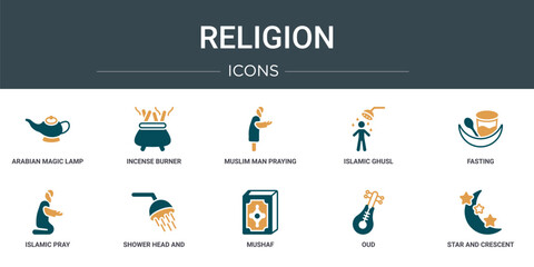 set of 10 outline web religion icons such as arabian magic lamp, incense burner, muslim man praying, islamic ghusl, fasting, islamic pray, shower head and water vector icons for report, © Digital Bazaar